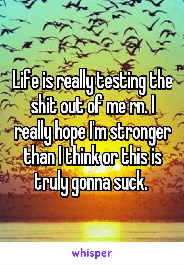 Life is really testing the shit out of me rn. I really hope I'm stronger than I think or this is truly gonna suck. 