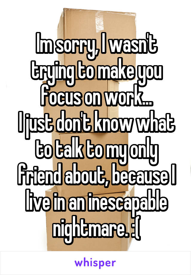 Im sorry, I wasn't trying to make you focus on work...
I just don't know what to talk to my only friend about, because I live in an inescapable nightmare. :(