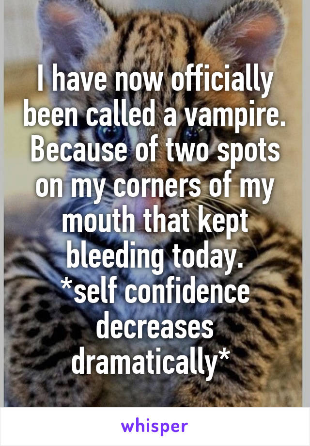 I have now officially been called a vampire.
Because of two spots on my corners of my mouth that kept bleeding today.
*self confidence decreases dramatically* 