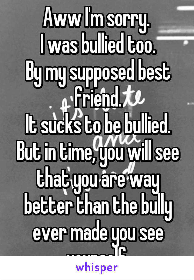 Aww I'm sorry. 
I was bullied too.
By my supposed best friend.
It sucks to be bullied. But in time, you will see that you are way better than the bully ever made you see yourself.