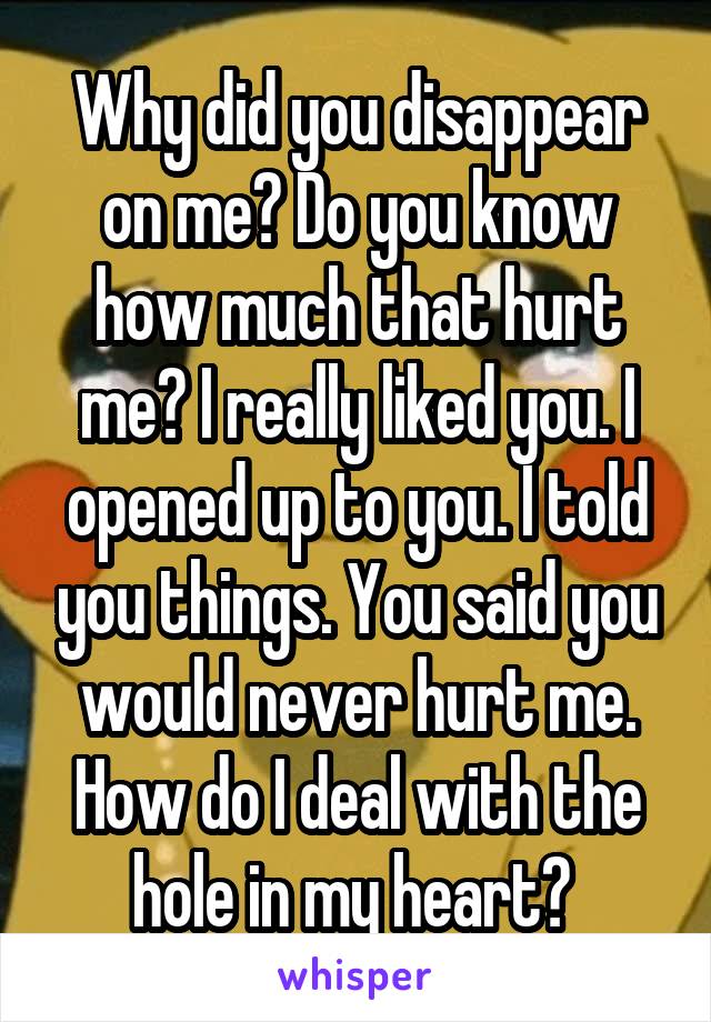 Why did you disappear on me? Do you know how much that hurt me? I really liked you. I opened up to you. I told you things. You said you would never hurt me. How do I deal with the hole in my heart? 