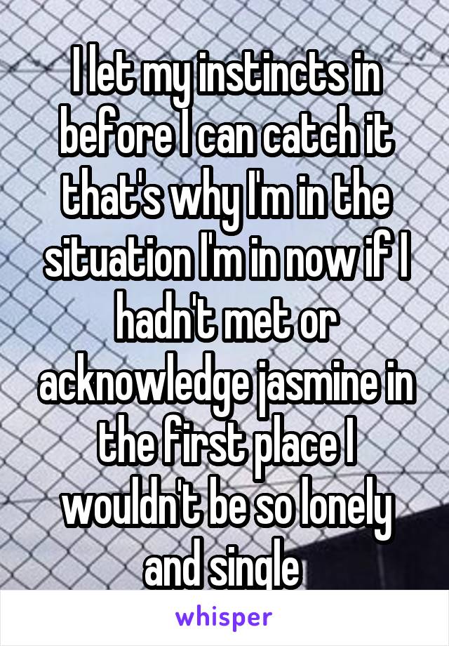 I let my instincts in before I can catch it that's why I'm in the situation I'm in now if I hadn't met or acknowledge jasmine in the first place I wouldn't be so lonely and single 