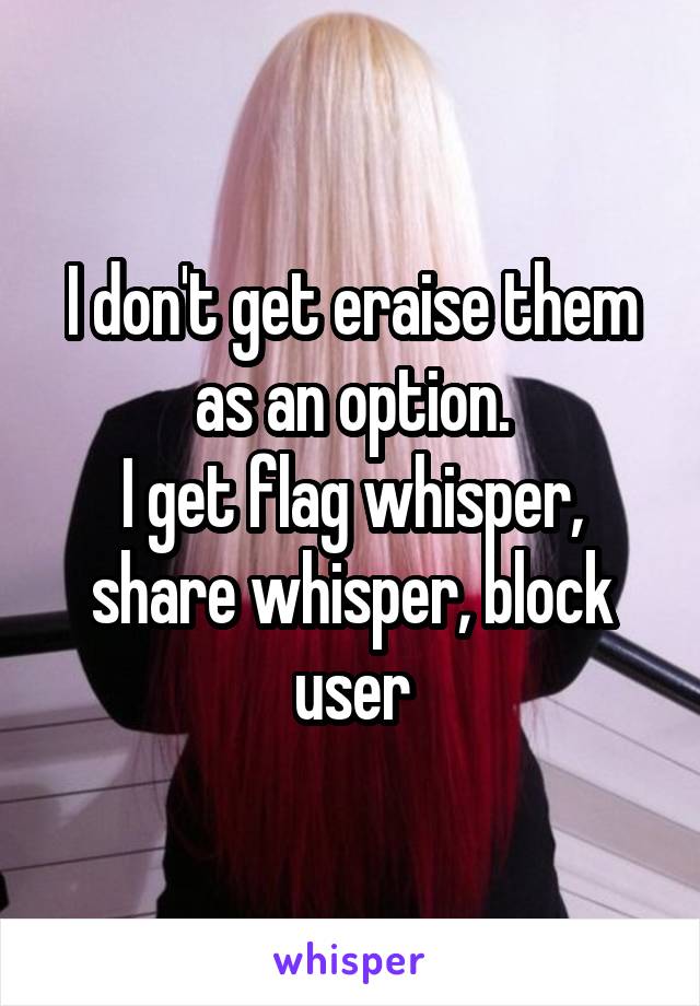 I don't get eraise them as an option.
I get flag whisper, share whisper, block user