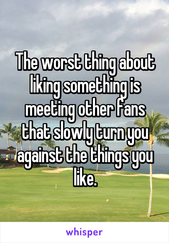 The worst thing about liking something is meeting other fans that slowly turn you against the things you like.