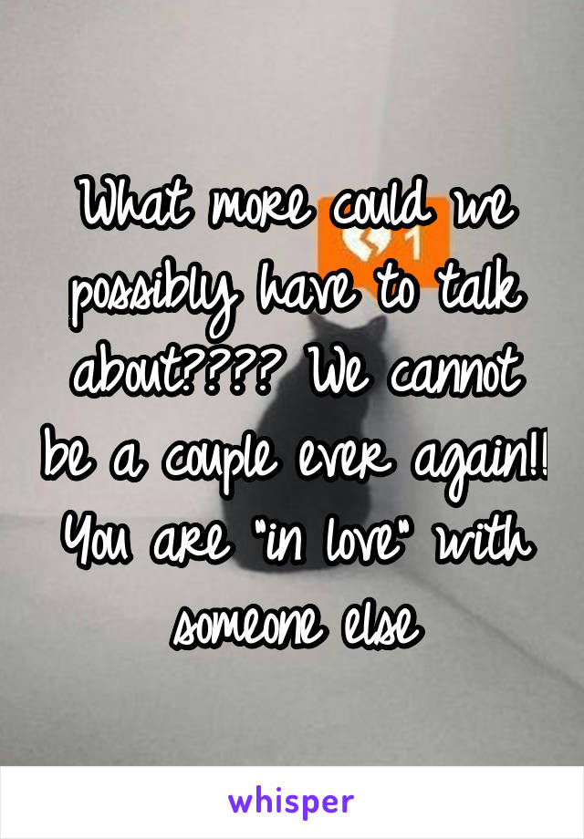 What more could we possibly have to talk about???? We cannot be a couple ever again!! You are "in love" with someone else