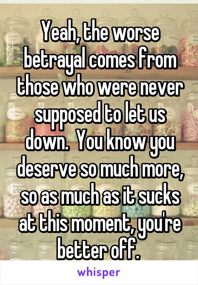 Yeah, the worse betrayal comes from those who were never supposed to let us down.  You know you deserve so much more, so as much as it sucks at this moment, you're better off. 