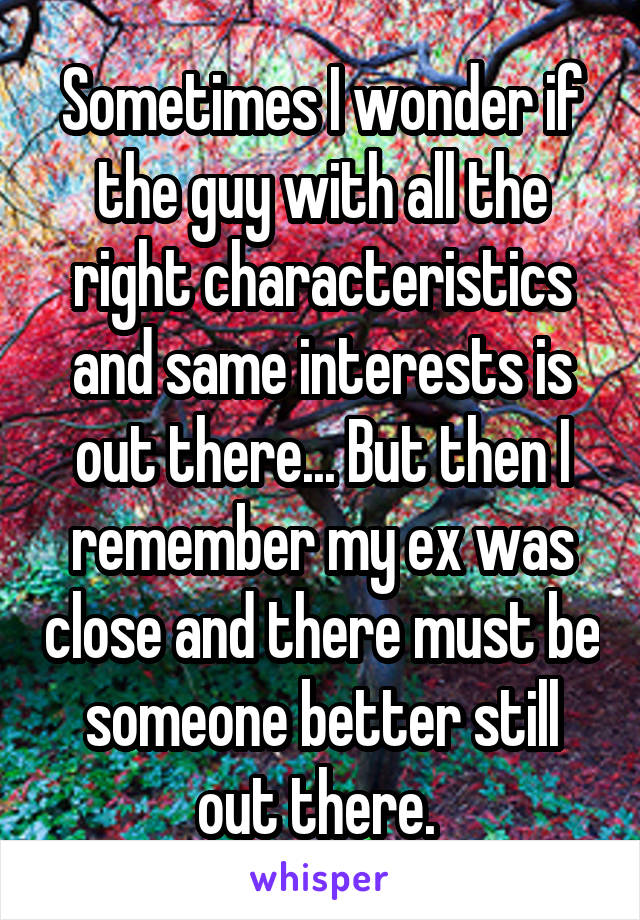 Sometimes I wonder if the guy with all the right characteristics and same interests is out there... But then I remember my ex was close and there must be someone better still out there. 