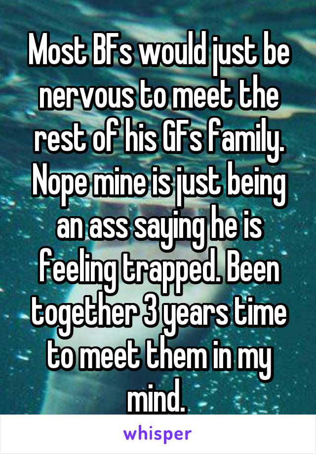 Most BFs would just be nervous to meet the rest of his GFs family. Nope mine is just being an ass saying he is feeling trapped. Been together 3 years time to meet them in my mind. 