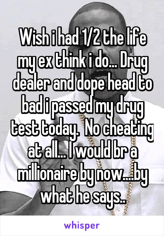 Wish i had 1/2 the life my ex think i do... Drug dealer and dope head to bad i passed my drug test today.  No cheating at all... I would br a millionaire by now....by what he says..