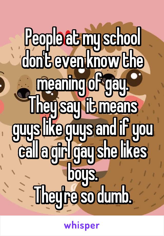 People at my school don't even know the meaning of gay.
They say  it means guys like guys and if you call a girl gay she likes boys.
They're so dumb.