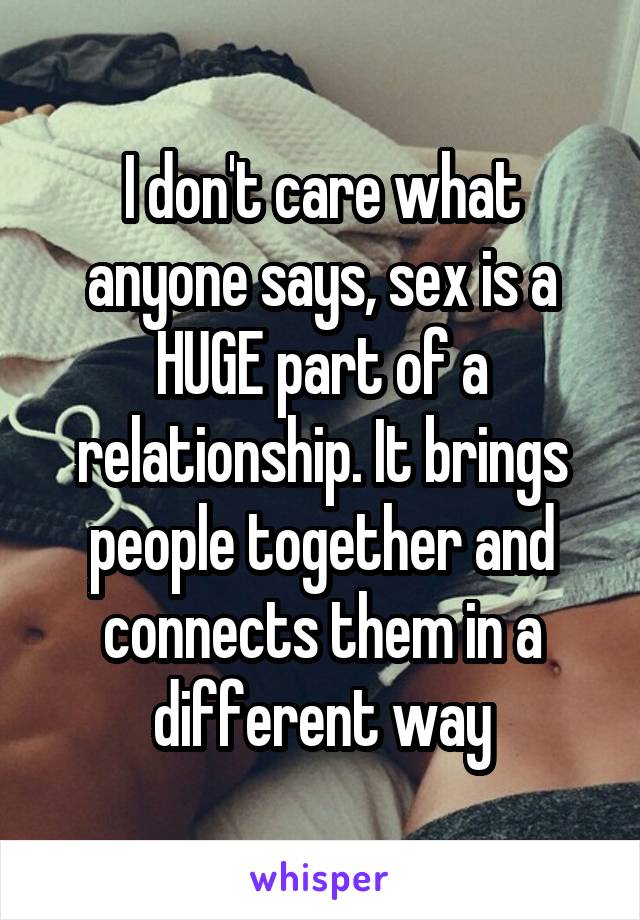 I don't care what anyone says, sex is a HUGE part of a relationship. It brings people together and connects them in a different way