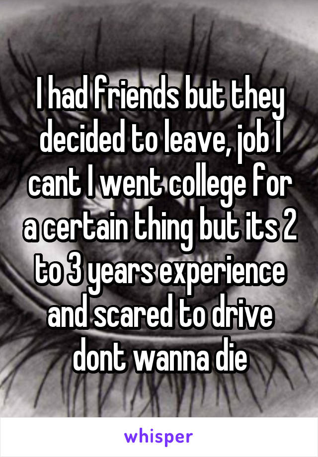 I had friends but they decided to leave, job I cant I went college for a certain thing but its 2 to 3 years experience and scared to drive dont wanna die