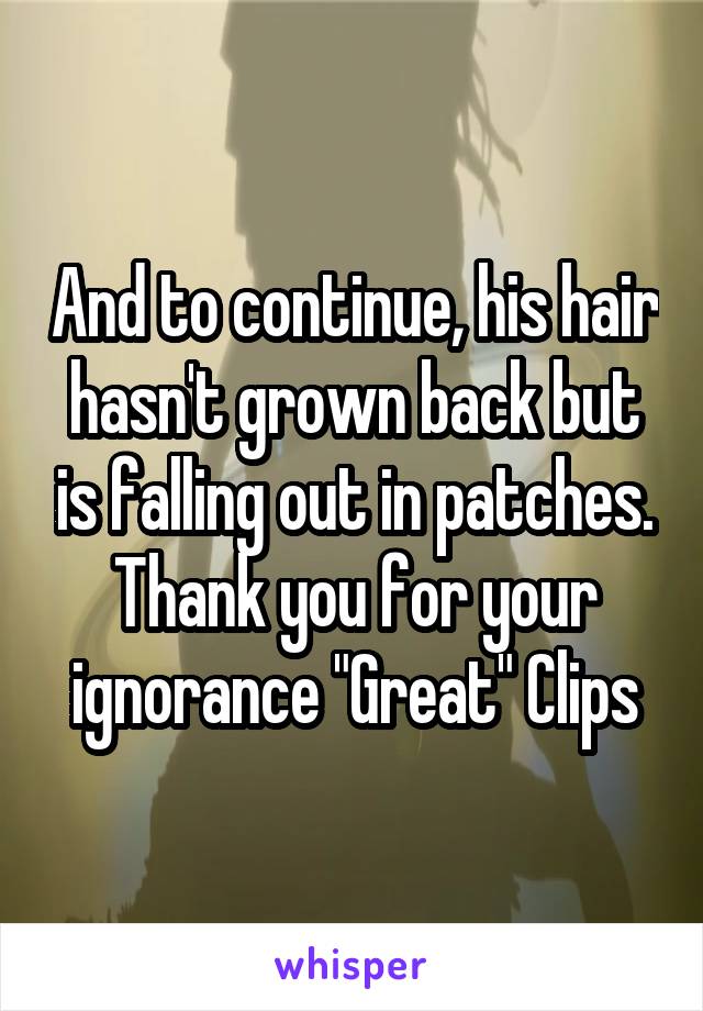 And to continue, his hair hasn't grown back but is falling out in patches. Thank you for your ignorance "Great" Clips