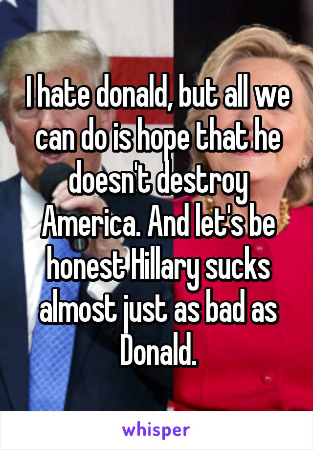 I hate donald, but all we can do is hope that he doesn't destroy America. And let's be honest Hillary sucks almost just as bad as Donald.