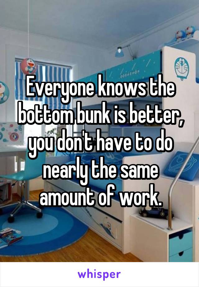 Everyone knows the bottom bunk is better, you don't have to do nearly the same amount of work.