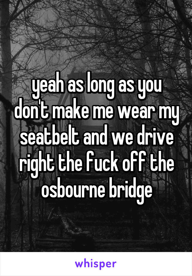 yeah as long as you don't make me wear my seatbelt and we drive right the fuck off the osbourne bridge