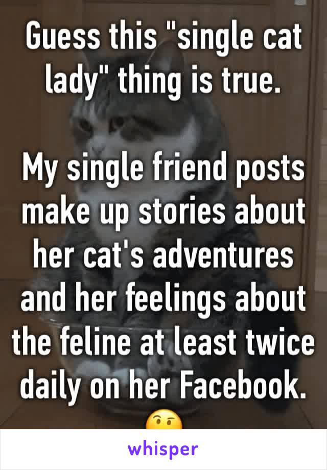 Guess this "single cat lady" thing is true. 

My single friend posts make up stories about her cat's adventures and her feelings about the feline at least twice daily on her Facebook. 🤔