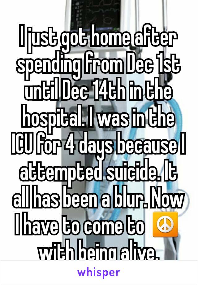 I just got home after spending from Dec 1st until Dec 14th in the hospital. I was in the ICU for 4 days because I attempted suicide. It all has been a blur. Now I have to come to ☮ with being alive.