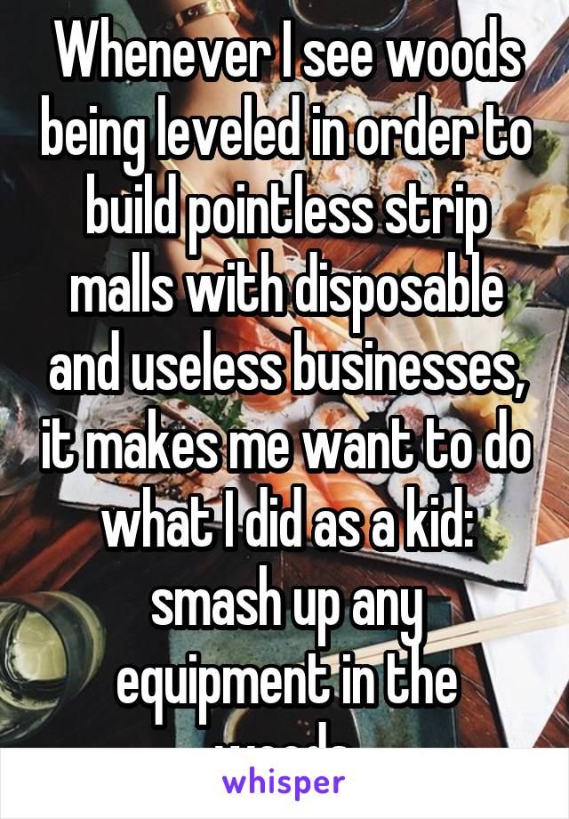 Whenever I see woods being leveled in order to build pointless strip malls with disposable and useless businesses, it makes me want to do what I did as a kid: smash up any equipment in the woods.