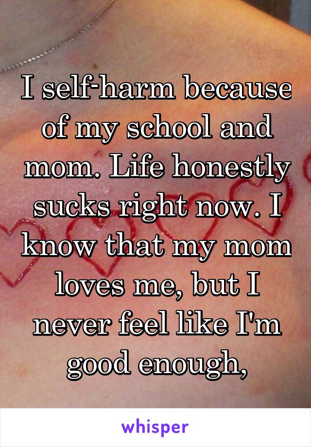 I self-harm because of my school and mom. Life honestly sucks right now. I know that my mom loves me, but I never feel like I'm good enough,