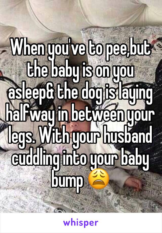 When you've to pee,but the baby is on you asleep& the dog is laying halfway in between your legs. With your husband cuddling into your baby bump 😩 