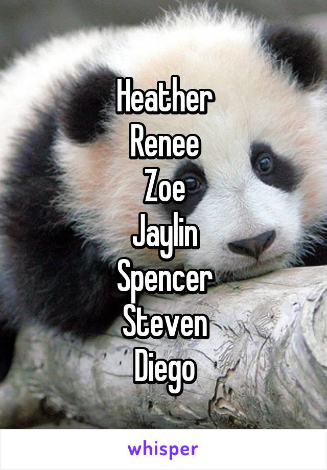 Heather
Renee
Zoe
Jaylin
Spencer
Steven
Diego