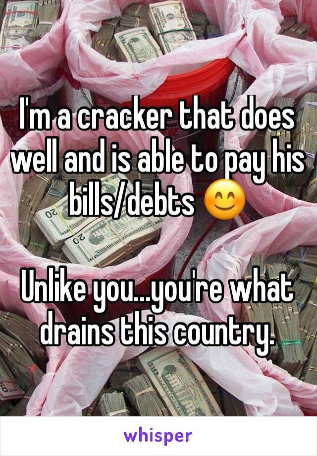 I'm a cracker that does well and is able to pay his bills/debts 😊

Unlike you...you're what drains this country. 