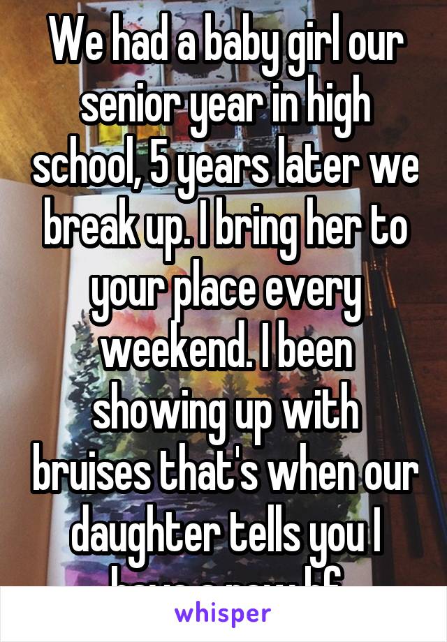 We had a baby girl our senior year in high school, 5 years later we break up. I bring her to your place every weekend. I been showing up with bruises that's when our daughter tells you I have a new bf