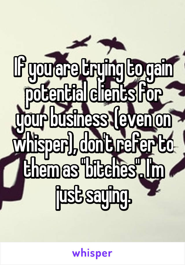 If you are trying to gain potential clients for your business  (even on whisper), don't refer to them as "bitches". I'm just saying.