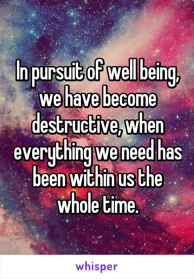 In pursuit of well being, we have become destructive, when everything we need has been within us the whole time.