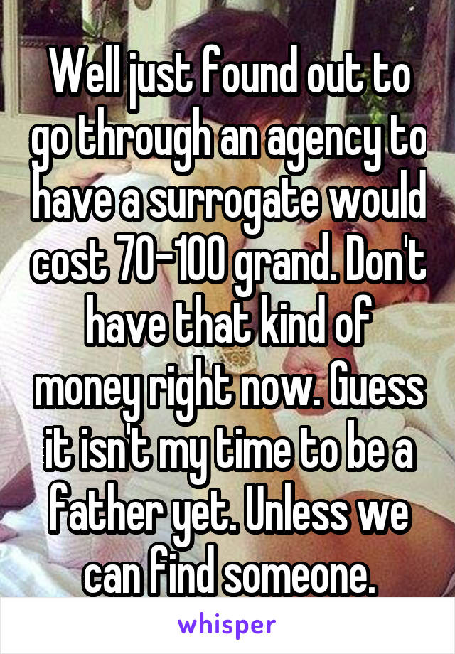 Well just found out to go through an agency to have a surrogate would cost 70-100 grand. Don't have that kind of money right now. Guess it isn't my time to be a father yet. Unless we can find someone.