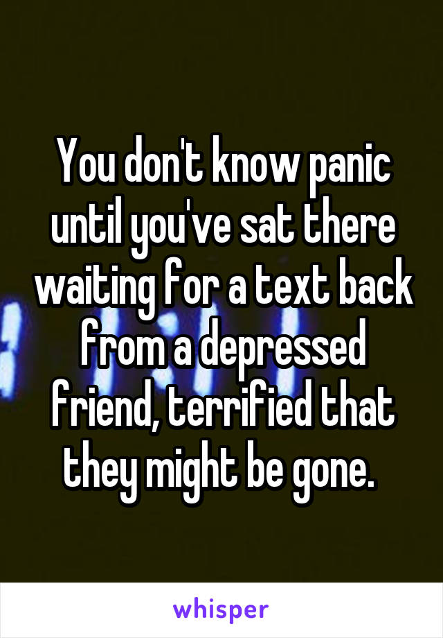 You don't know panic until you've sat there waiting for a text back from a depressed friend, terrified that they might be gone. 