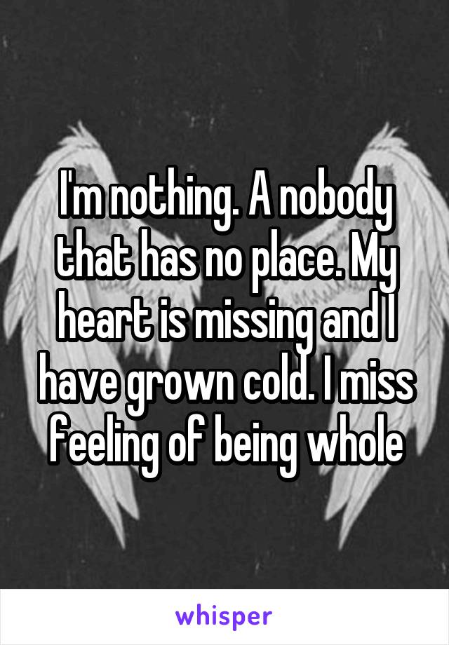 I'm nothing. A nobody that has no place. My heart is missing and I have grown cold. I miss feeling of being whole