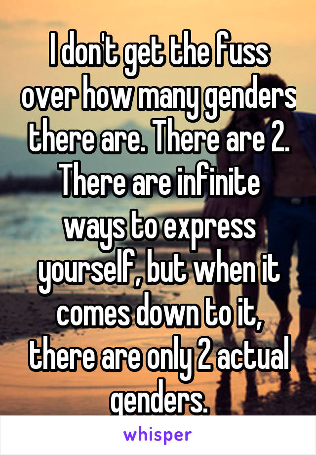 I don't get the fuss over how many genders there are. There are 2.
There are infinite ways to express yourself, but when it comes down to it, there are only 2 actual genders.