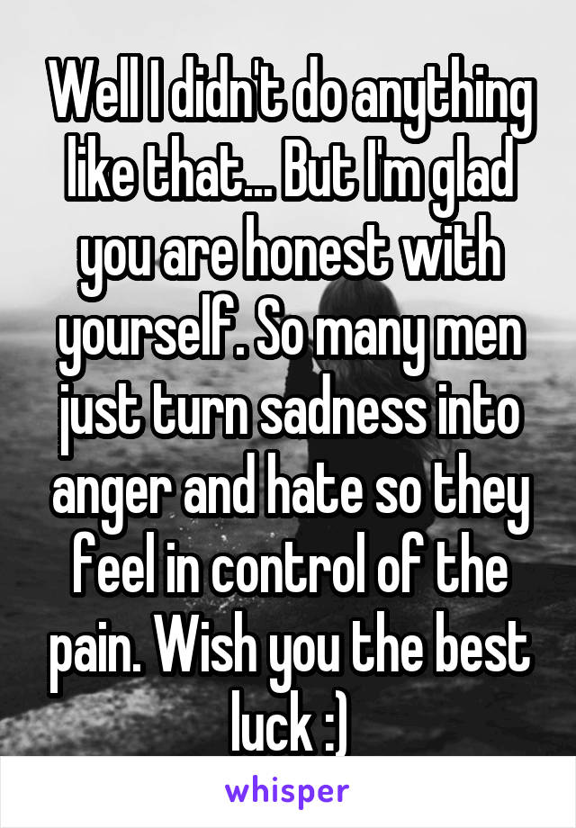 Well I didn't do anything like that... But I'm glad you are honest with yourself. So many men just turn sadness into anger and hate so they feel in control of the pain. Wish you the best luck :)