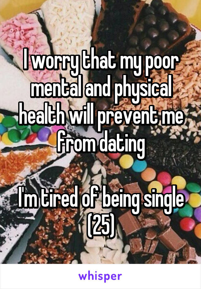 I worry that my poor mental and physical health will prevent me from dating

I'm tired of being single
(25)