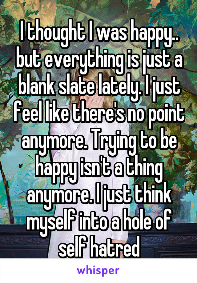 I thought I was happy.. but everything is just a blank slate lately. I just feel like there's no point anymore. Trying to be happy isn't a thing anymore. I just think myself into a hole of self hatred