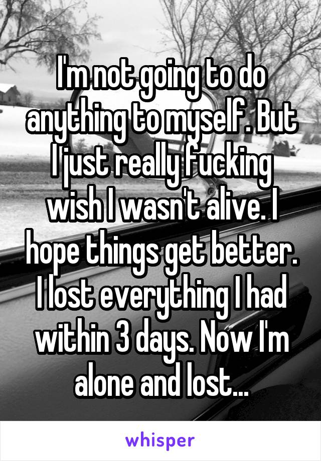 I'm not going to do anything to myself. But I just really fucking wish I wasn't alive. I hope things get better. I lost everything I had within 3 days. Now I'm alone and lost...