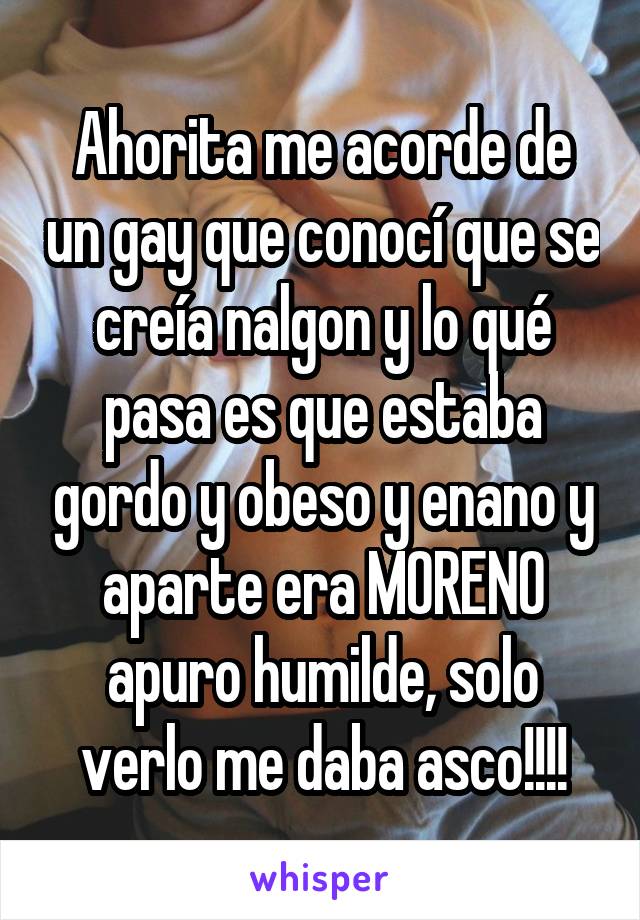 Ahorita me acorde de un gay que conocí que se creía nalgon y lo qué pasa es que estaba gordo y obeso y enano y aparte era MORENO apuro humilde, solo verlo me daba asco!!!!