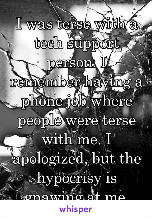 I was terse with a tech support person. I remember having a phone job where people were terse with me. I apologized, but the hypocrisy is gnawing at me.