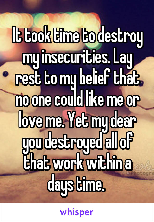 It took time to destroy my insecurities. Lay rest to my belief that no one could like me or love me. Yet my dear you destroyed all of that work within a days time. 