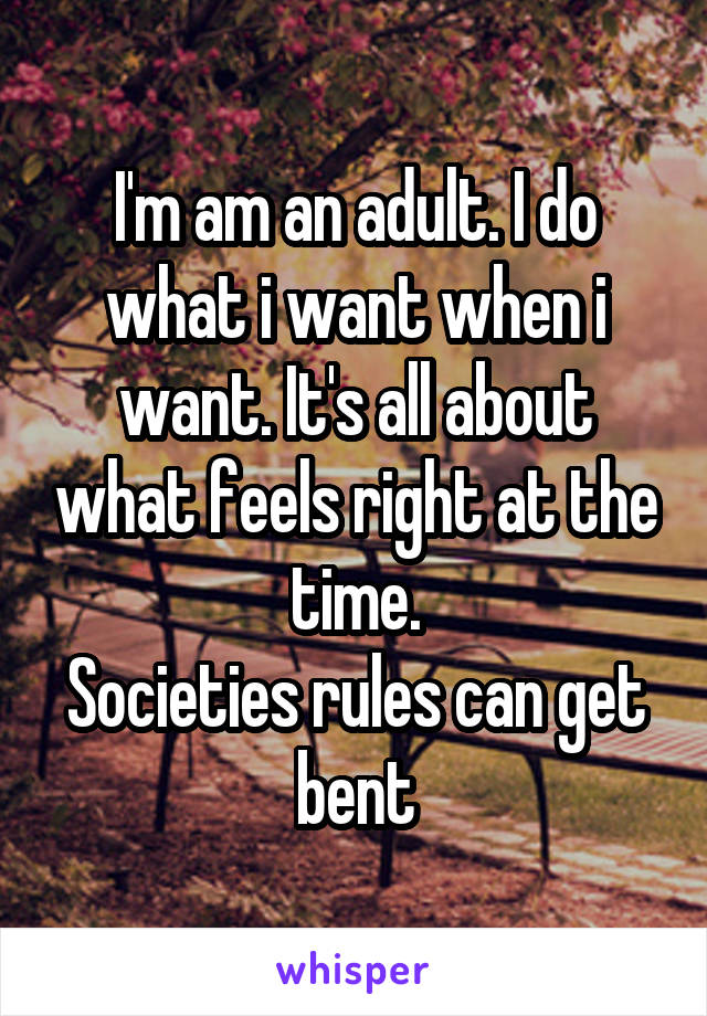 I'm am an adult. I do what i want when i want. It's all about what feels right at the time.
Societies rules can get bent