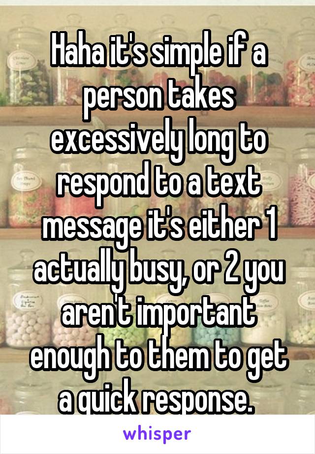 Haha it's simple if a person takes excessively long to respond to a text message it's either 1 actually busy, or 2 you aren't important enough to them to get a quick response. 