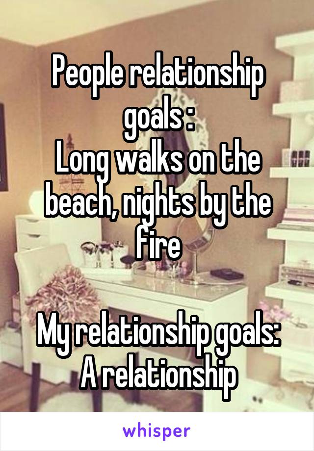 People relationship goals :
Long walks on the beach, nights by the fire

My relationship goals:
A relationship