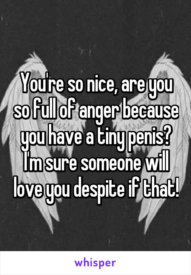 You're so nice, are you so full of anger because you have a tiny penis? I'm sure someone will love you despite if that!