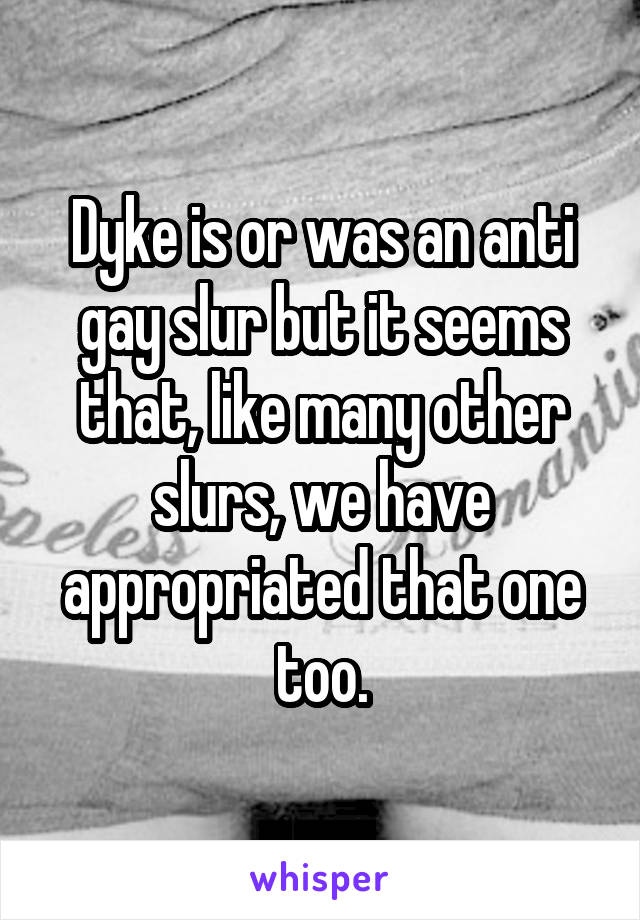 Dyke is or was an anti gay slur but it seems that, like many other slurs, we have appropriated that one too.