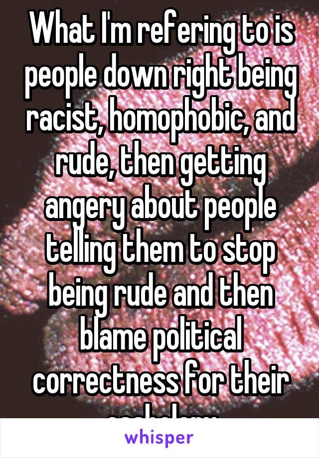 What I'm refering to is people down right being racist, homophobic, and rude, then getting angery about people telling them to stop being rude and then blame political correctness for their assholery