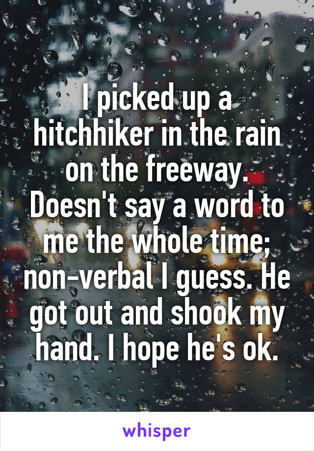 I picked up a hitchhiker in the rain on the freeway. Doesn't say a word to me the whole time; non-verbal I guess. He got out and shook my hand. I hope he's ok.
