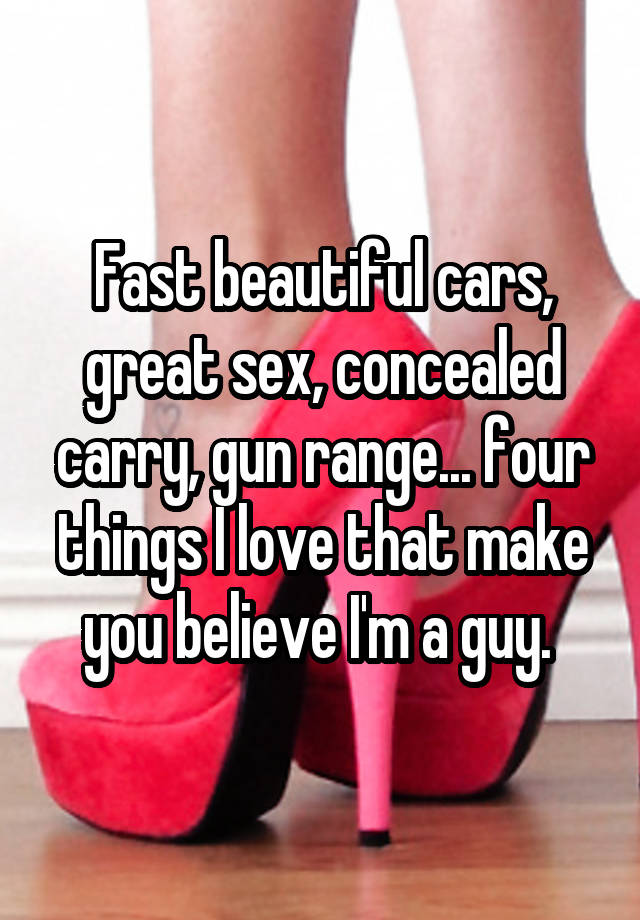 Fast beautiful cars, great sex, concealed carry, gun range... four things I love that make you believe I'm a guy. 