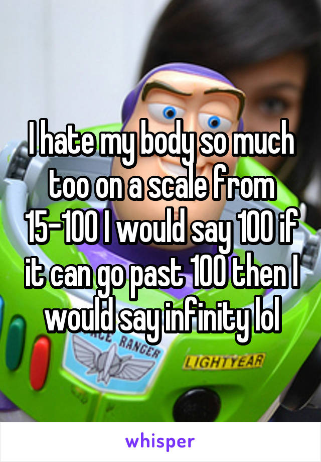 I hate my body so much too on a scale from 15-100 I would say 100 if it can go past 100 then I would say infinity lol
